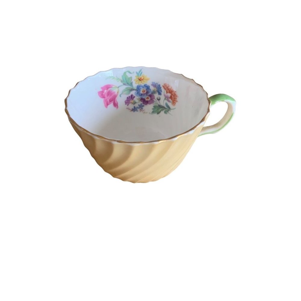 Aynsley England Bone China Yellow Swirl Teacup  with Floral Bouquet w/Gold Rim